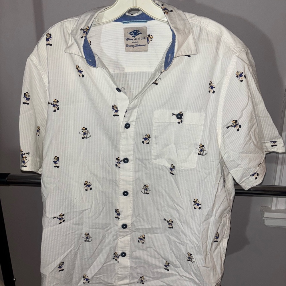 Men's White and Blue Mickey Mouse Patterned Casual Shirt